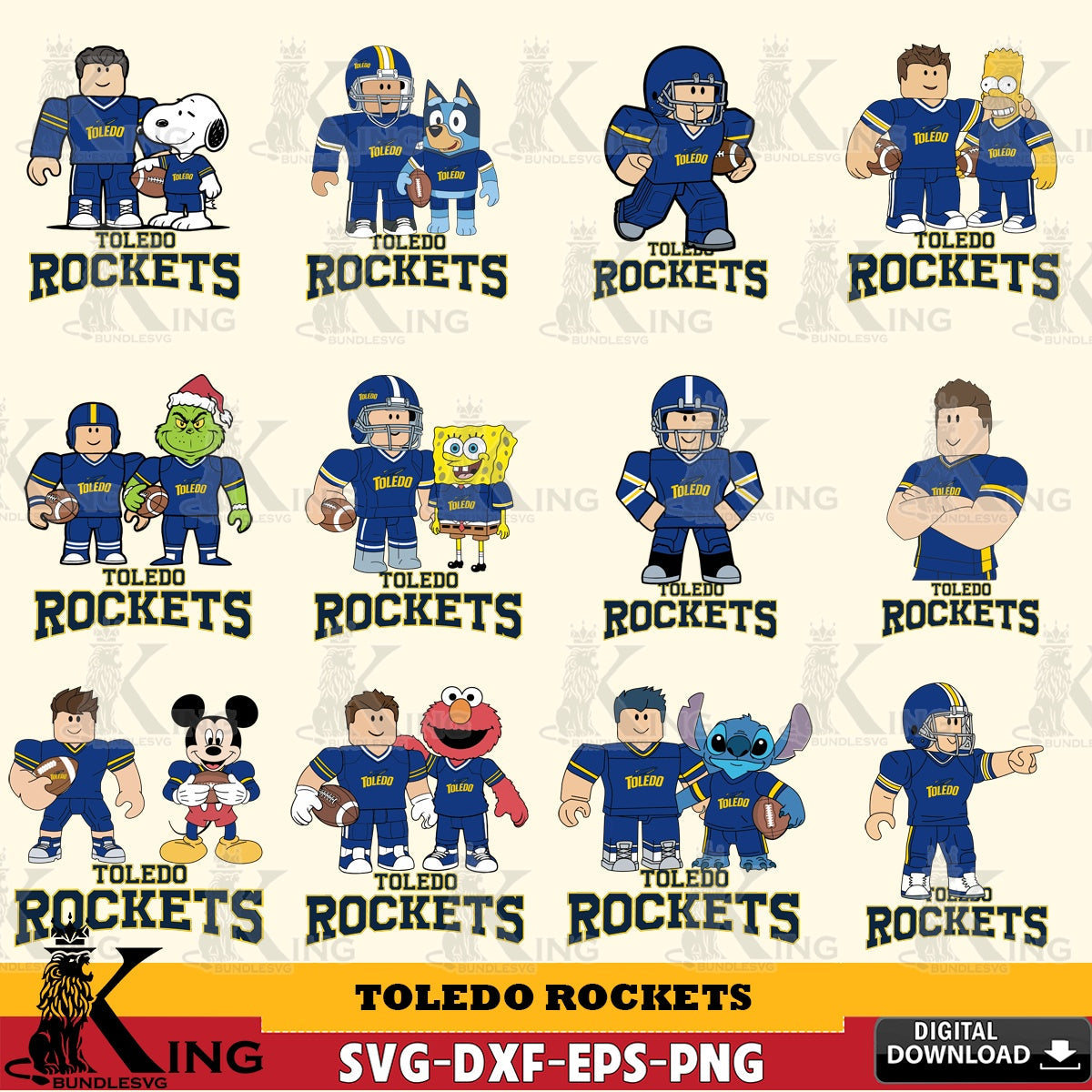 Mega bundle containing Toledo Rockets Roblox With Friends football NCAA Bundle, PNG clipart for sublimation printing and graphic