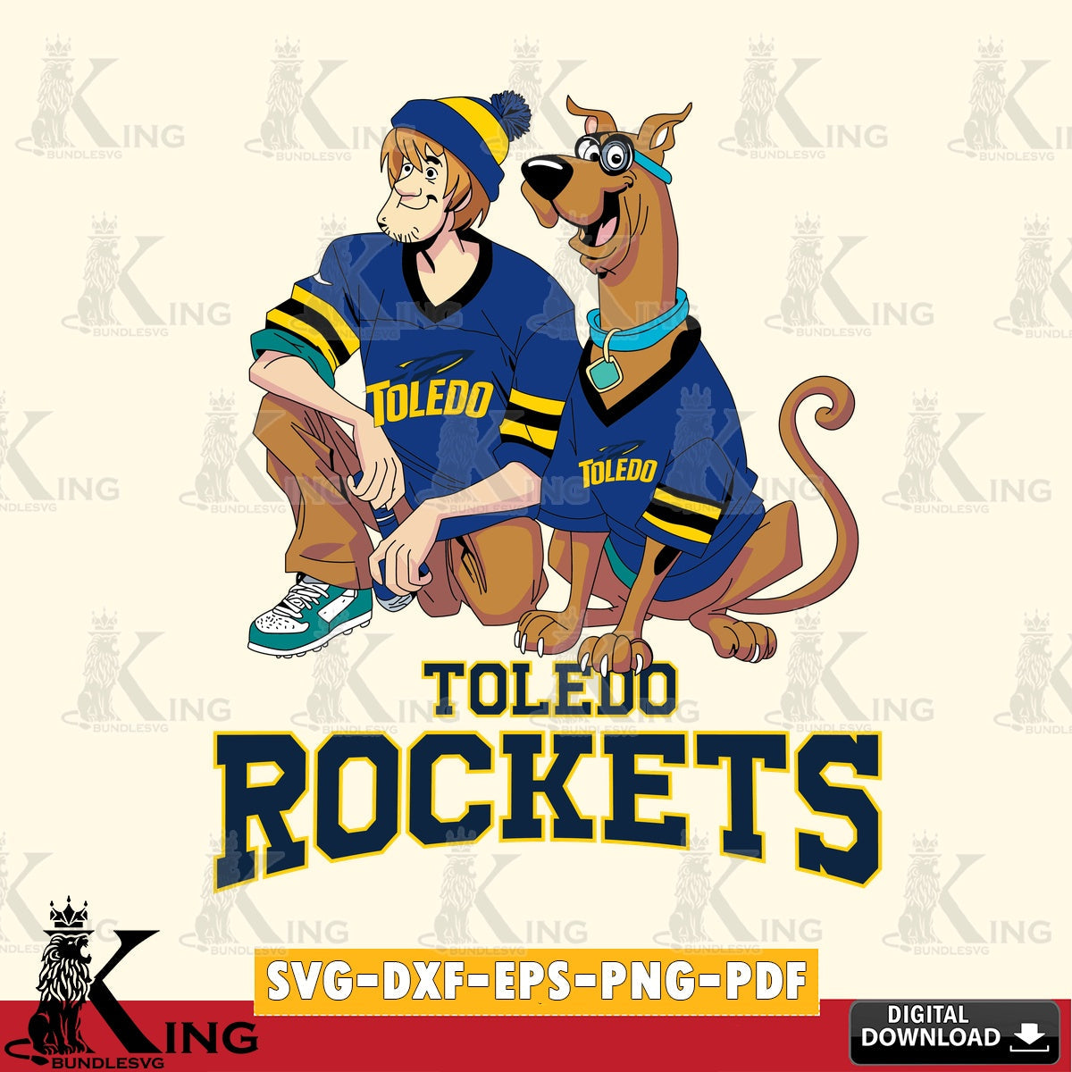 Artistic drawing of Toledo Rockets Shaggy and Scooby Doo football, SVG cut file for personalized gifts and laser projects.