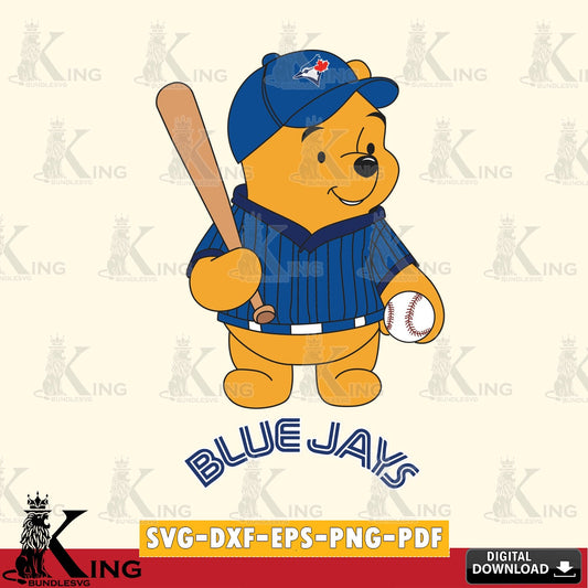 Unique artwork depicting a Toronto Blue Jays baseball batter Winnie the Pooh as SVG PNG files perfect for Cricut and Silhouette