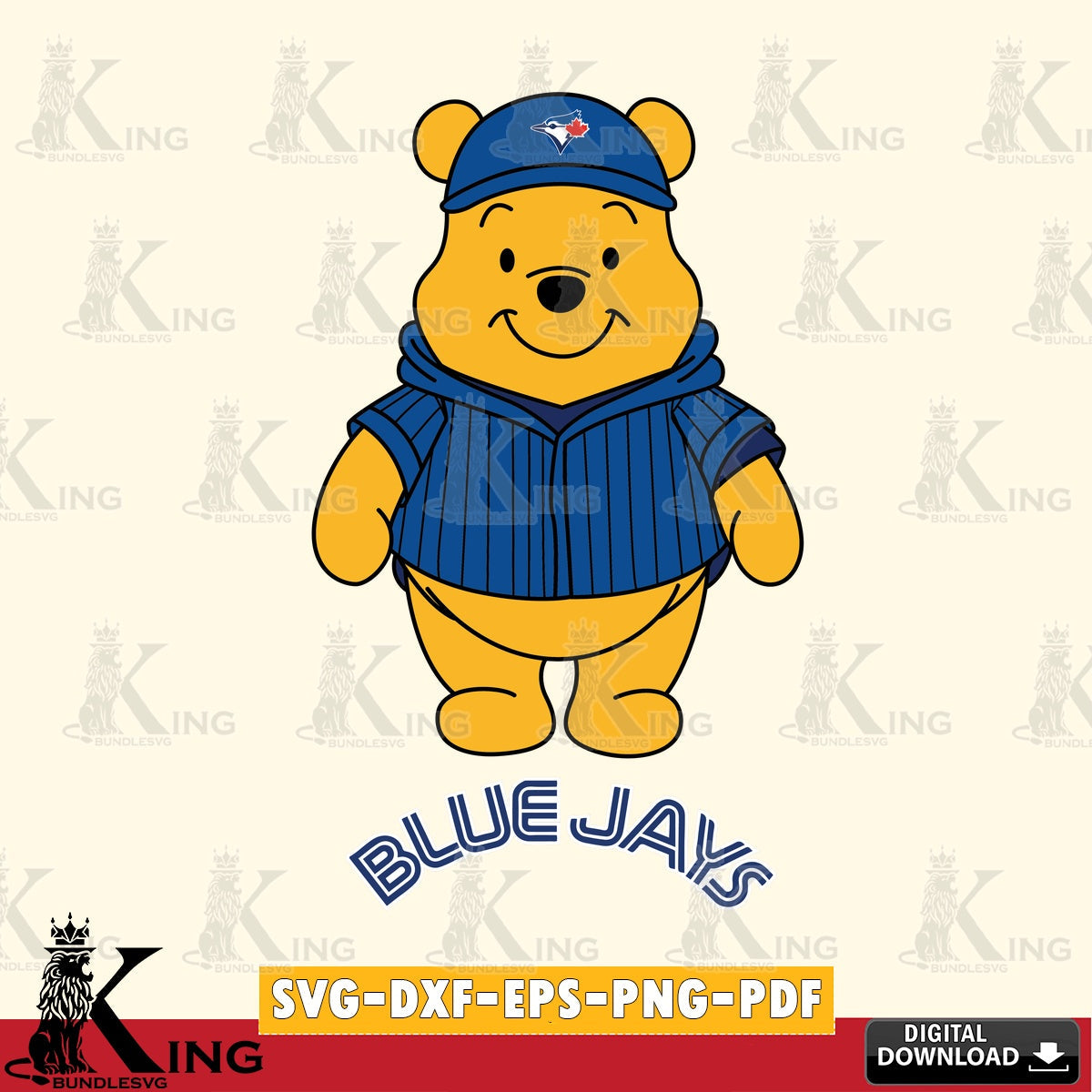 Hand-drawn style art of Toronto Blue Jays Pooh Bear baseball mascot SVG cut file for personalized gifts and laser projects