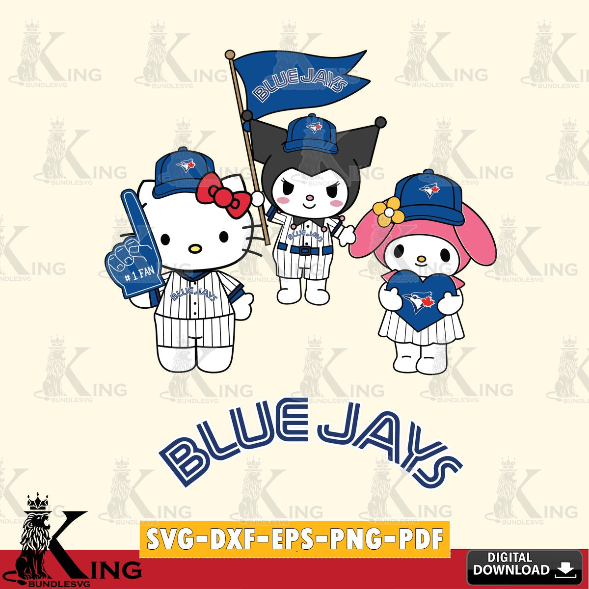 Vector design showing Toronto Blue Jays Sanrio Squad Cute, SVG PNG design suitable for Glowforge and laser cutting