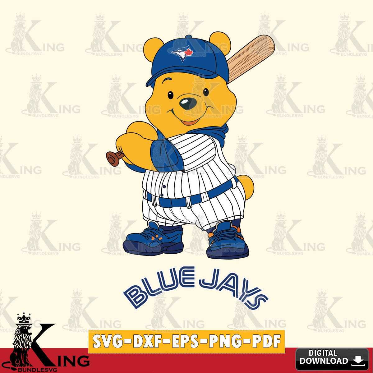 Hand-drawn style art of Toronto Blue Jays Winnie the Pooh baseball player, versatile clip art for stickers, decals, and mugs.