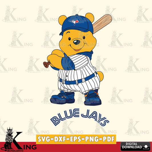 Hand-drawn style art of Toronto Blue Jays Winnie the Pooh baseball player, versatile clip art for stickers, decals, and mugs.