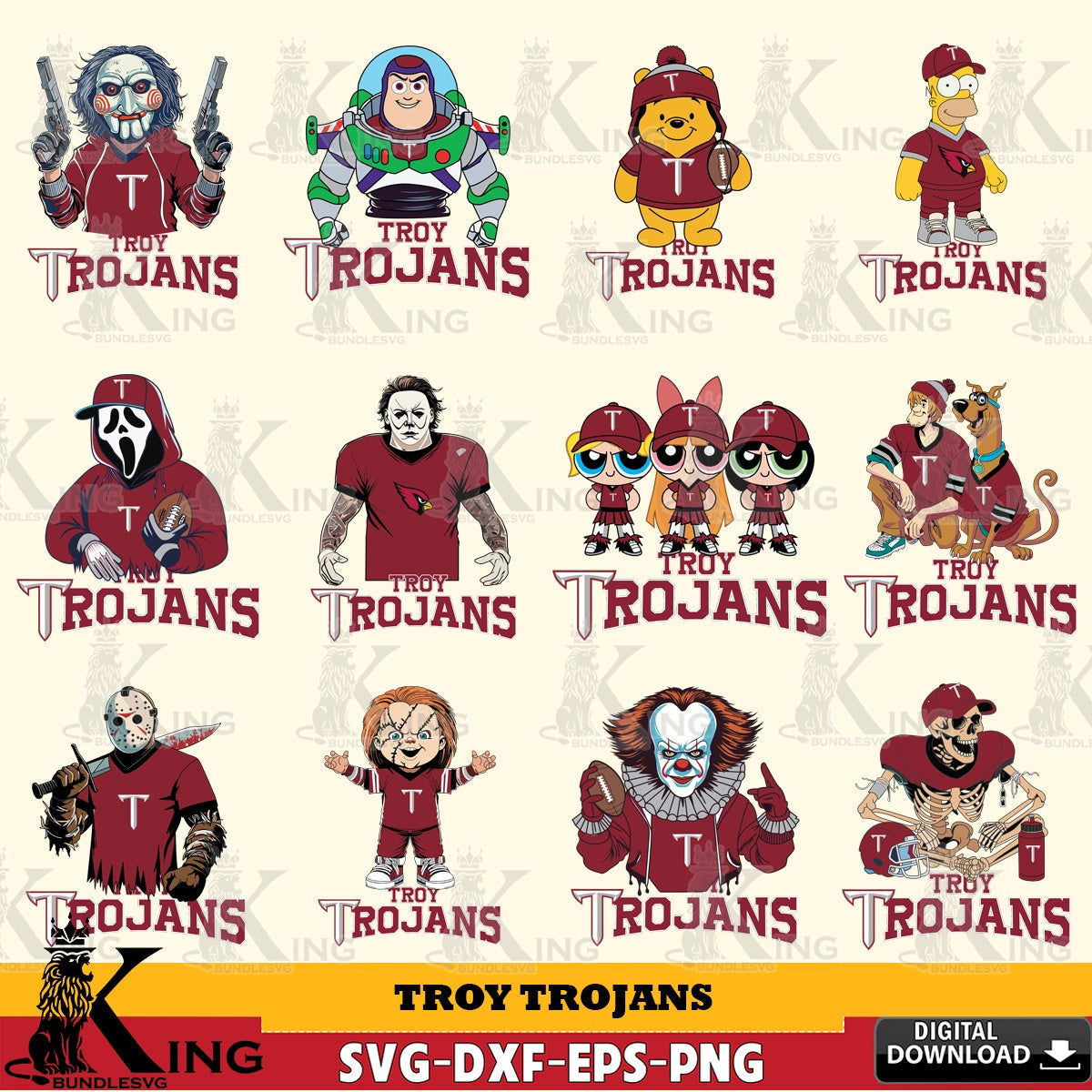 Ultimate set containing Troy Trojans Cartoon Football NCAA bundle for Cricut, and PNG clipart for sublimation printing and