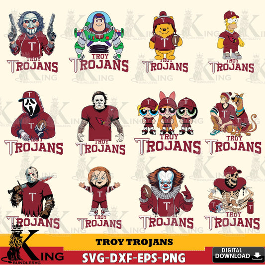 Ultimate set containing Troy Trojans Cartoon Football NCAA bundle for Cricut, and PNG clipart for sublimation printing and