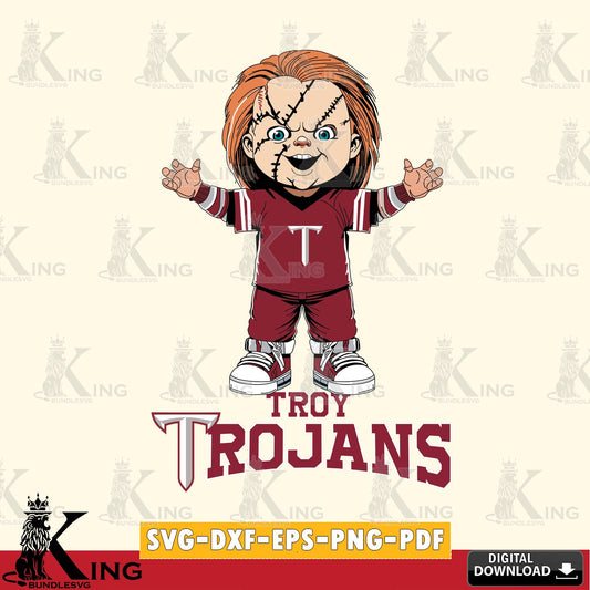 Modern graphic depicting Troy Trojans Chucky Football, NCAA file cut, digital download for Cricut Maker and paper crafts