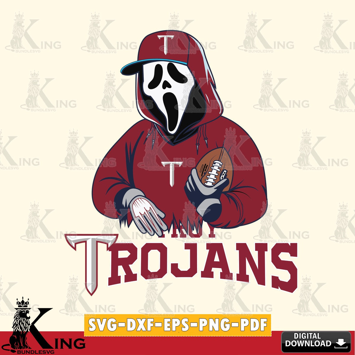 Artistic drawing of a Troy Trojans Ghostface Scream football player, versatile clip art for stickers, decals, and mugs.