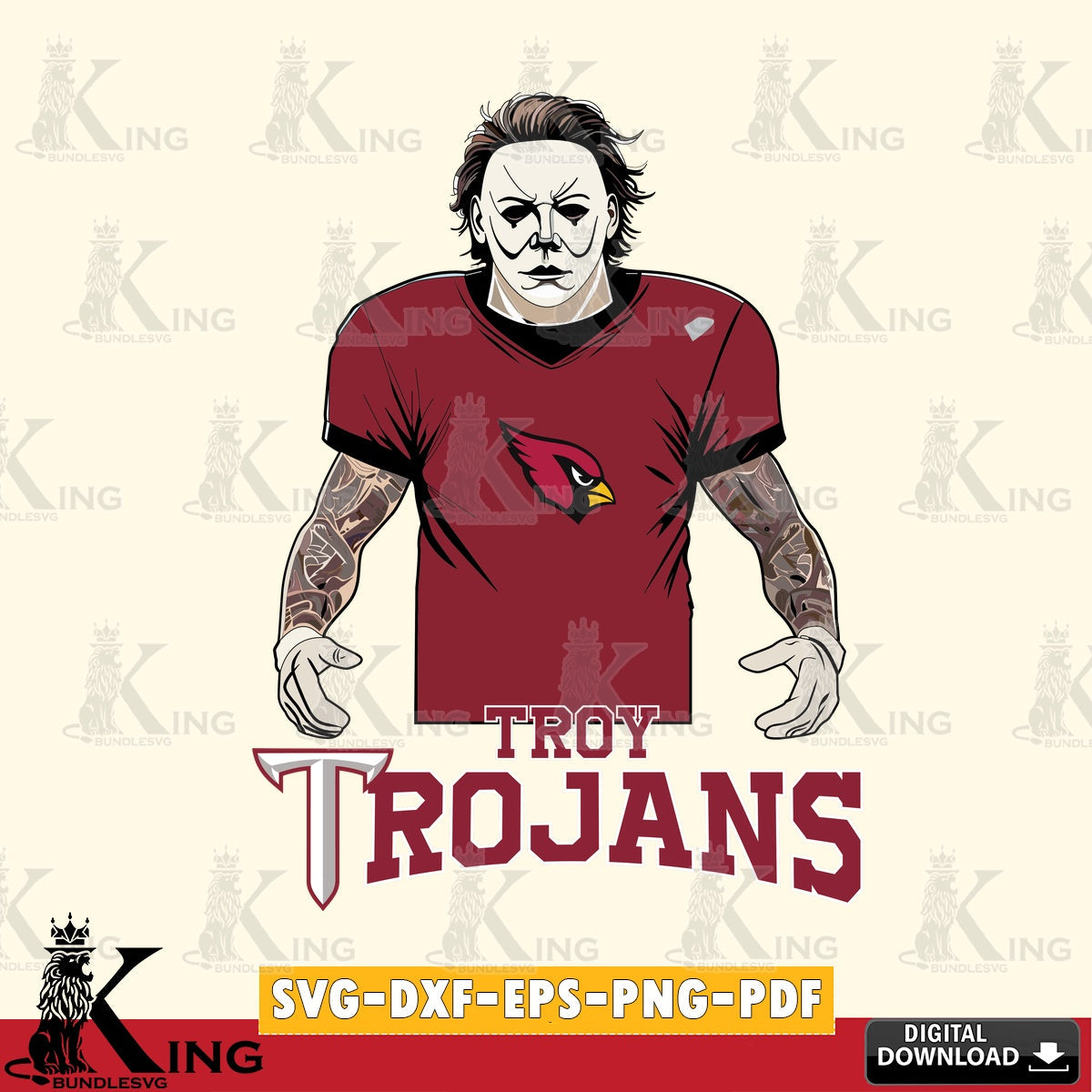 Vector design showing Troy Trojans Michael Myers tattoo football, NCAA vector art for engraving, cutting, and printing.