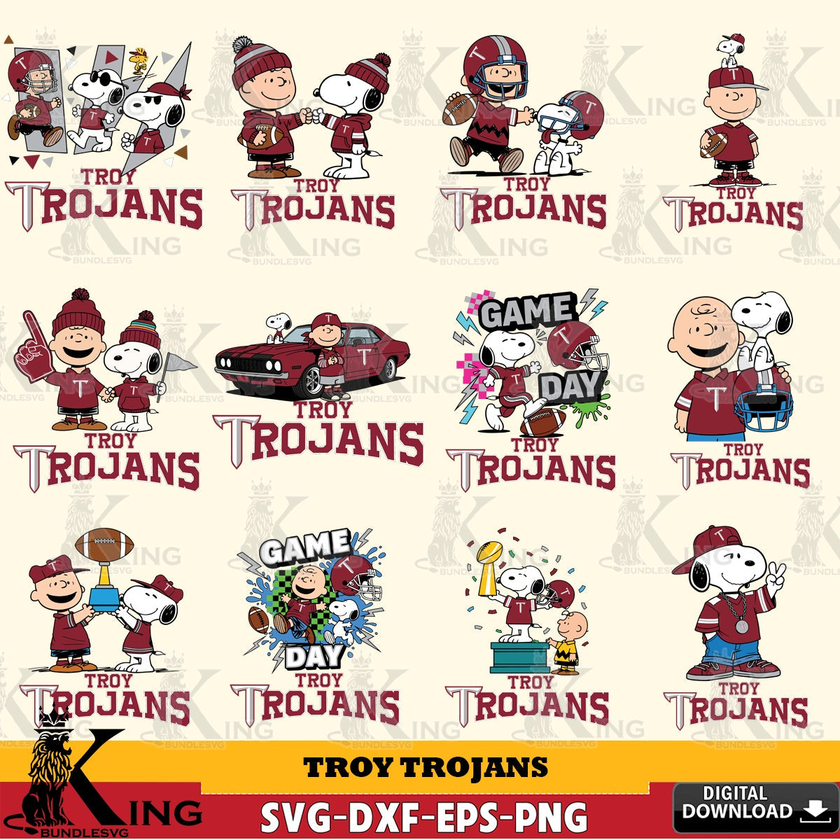Troy Trojans Peanuts Football NCAA Bundle SVG, Cricut, Cut file  , Digital Download , Instant Download, Peanuts svg, NCAA svg, Football svg, Sport svg