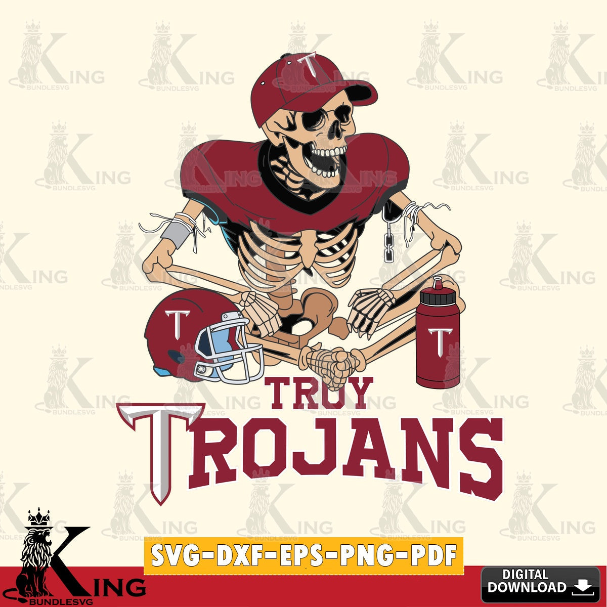 Hand-drawn style art of a Troy Trojans skeleton player football, NCAA, PNG clipart for sublimation printing and graphic design