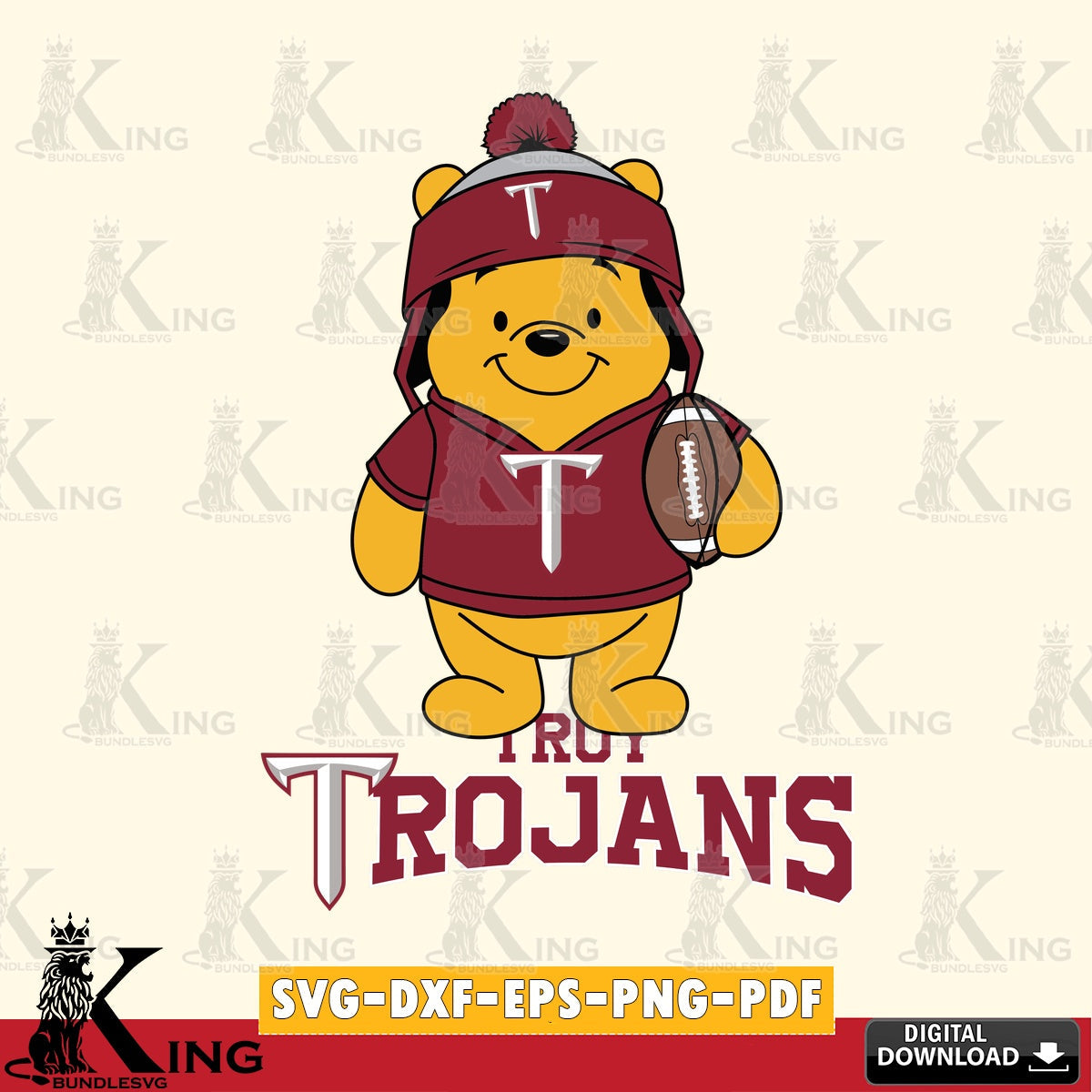 Detailed illustration of Troy Trojans Winnie the Pooh player football, NCAA, printable vector design for sublimation and crafts