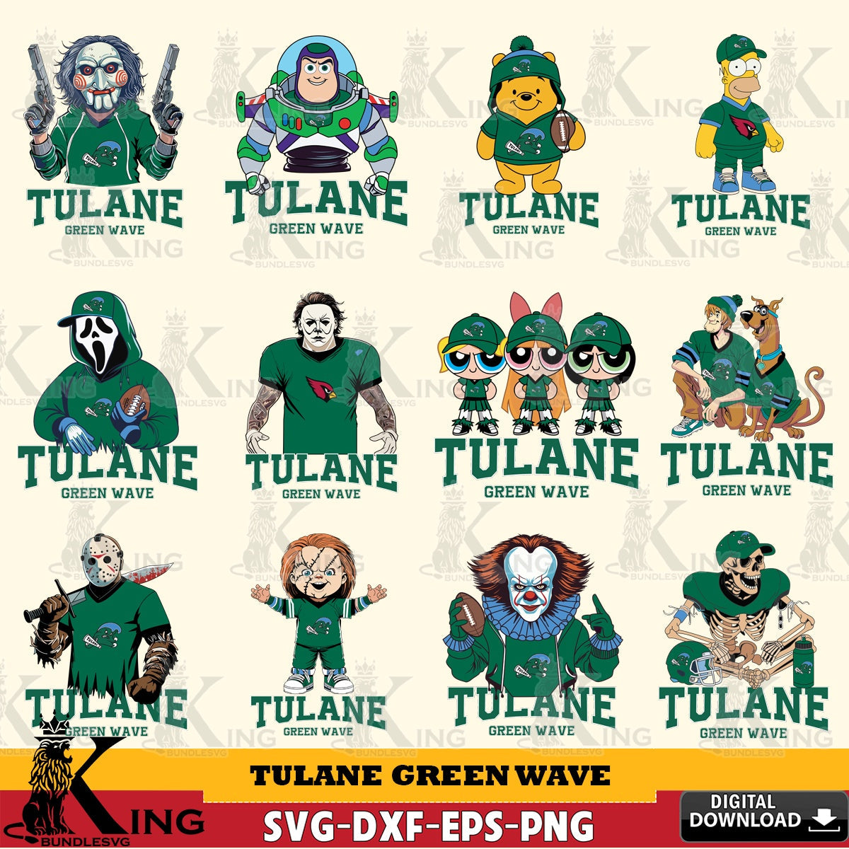 All-in-one bundle of Tulane Green Wave Cartoon Football NCAA designs, versatile clip art for stickers, decals, and mugs