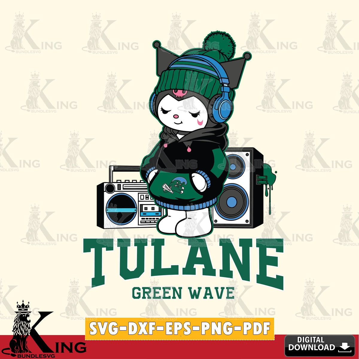 Tulane Green Wave Kuromi Football Music SVG file, Cricut, Cut file  , Digital Download , Instant Download, Sanrio svg, Clipart