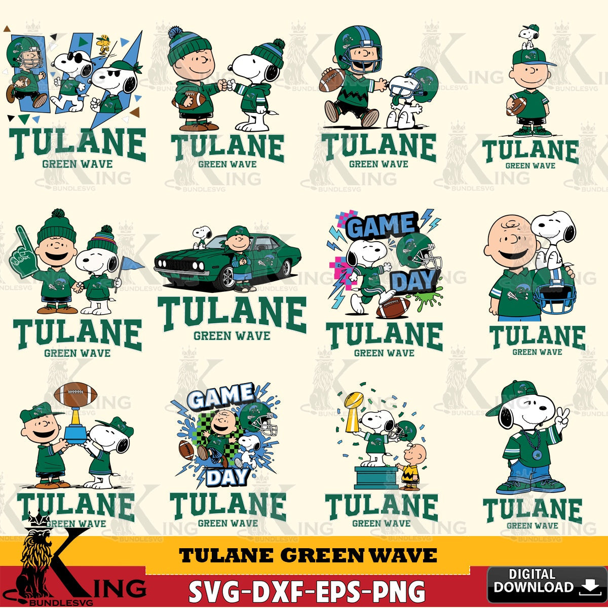 Tulane Green Wave Peanuts Football NCAA Bundle SVG, Cricut, Cut file  , Digital Download , Instant Download, Peanuts svg, NCAA svg, Football svg, Sport svg