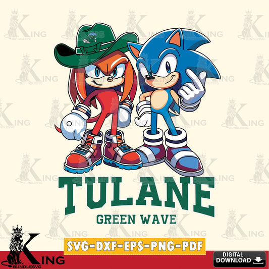 Hand-drawn style art of Tulane Green Wave Sonic & Knuckles Football Mascot, digital download for Cricut Maker and paper crafts.