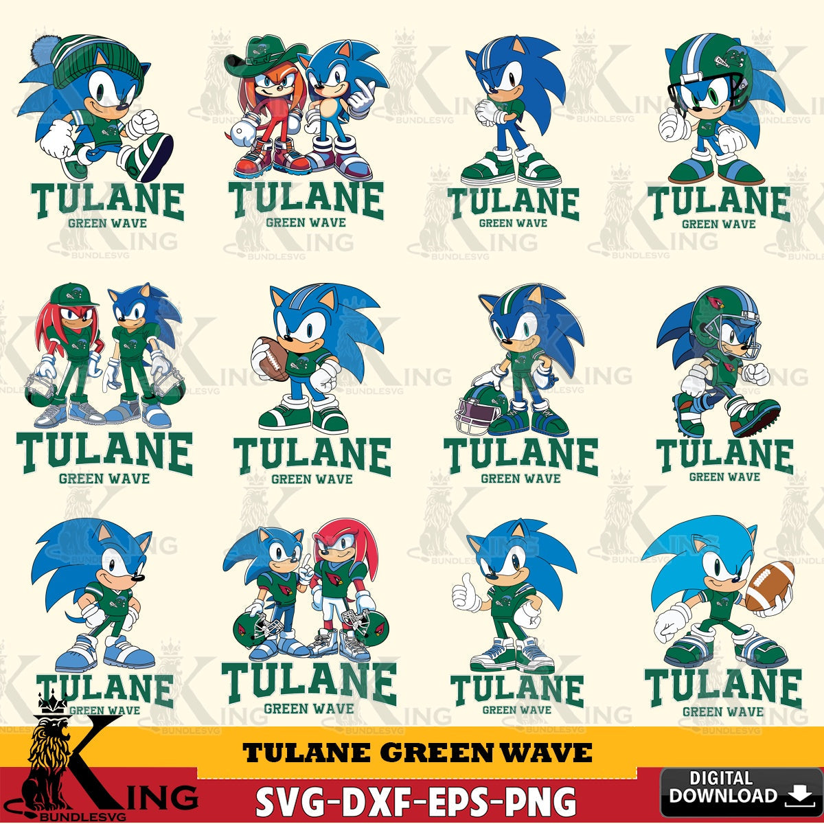 Tulane Green Wave Sonic & Knuckles NCAA FootballBundle SVG file, Vector , Digital Download , PDF File , Instant Download