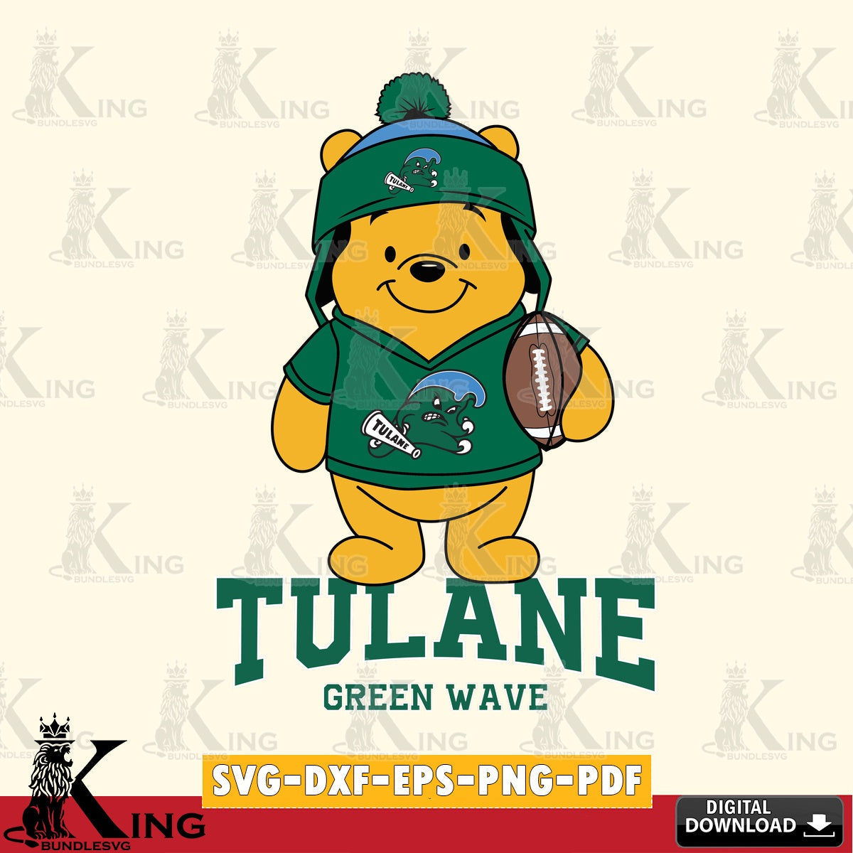 Modern graphic depicting Tulane Green Wave Winnie the Pooh football player, SVG cut file for personalized gifts and laser projects