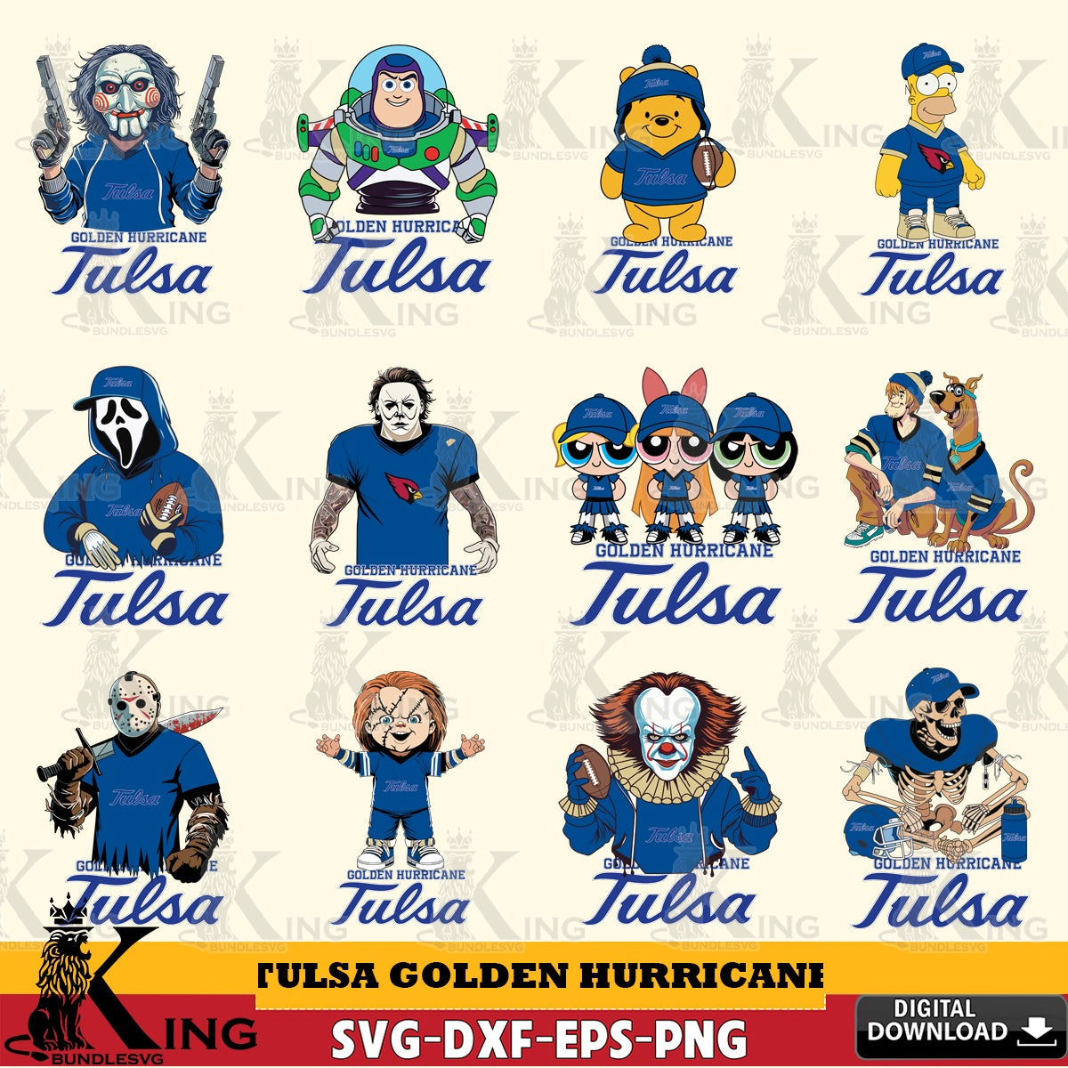 Comprehensive collection of Tulsa Golden Hurricane cartoon football NCAA bundle digital file for silhouette cameo and cricut