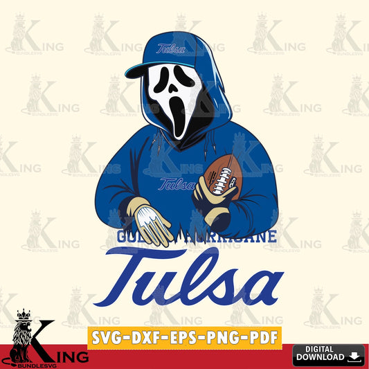 Eye-catching graphic of a Tulsa Golden Hurricane Ghostface Scream football player, vector art for engraving, cutting, and