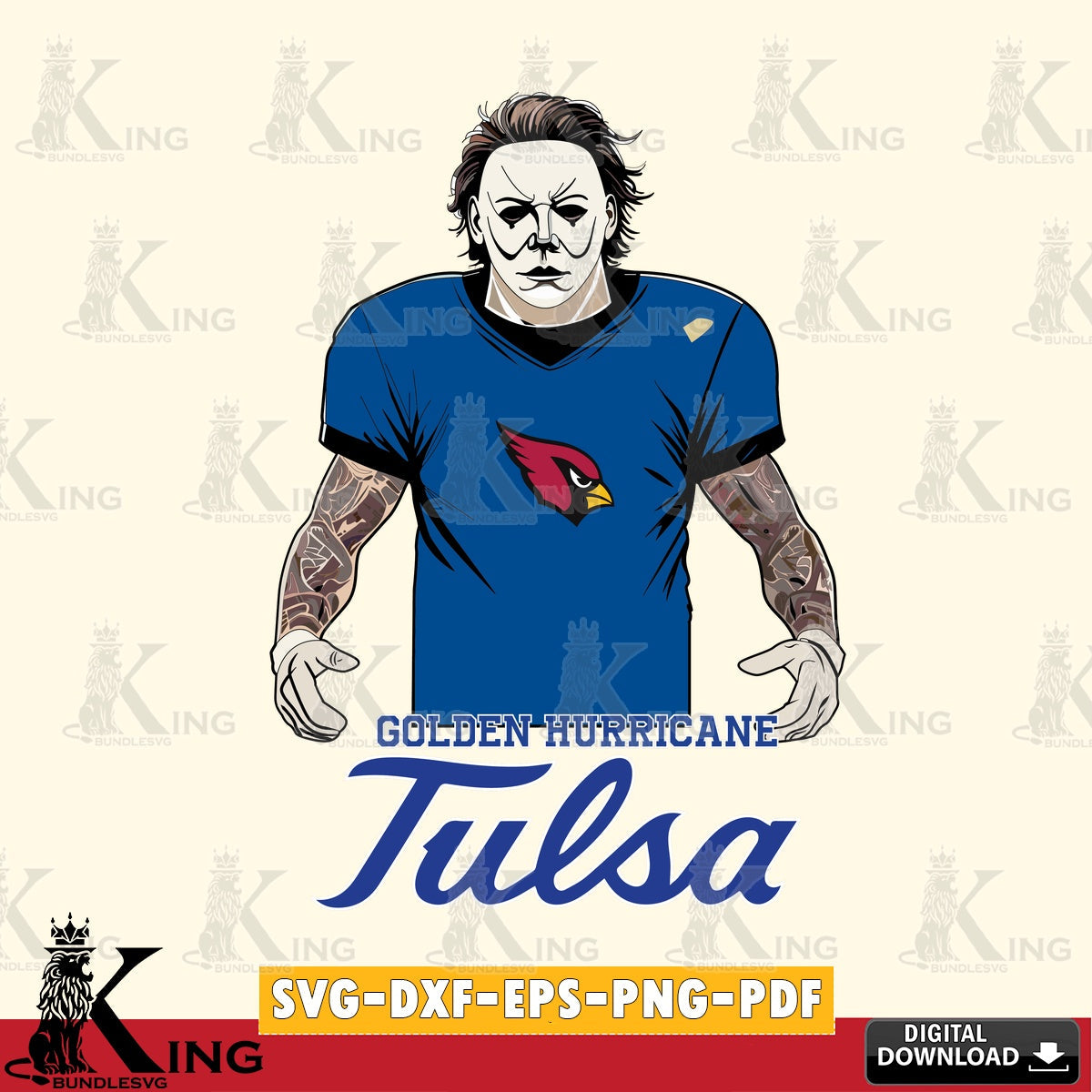 Digital clipart of Tulsa Golden Hurricane Michael Myers tattoo football cut file ideal for vinyl projects and T-shirt printing