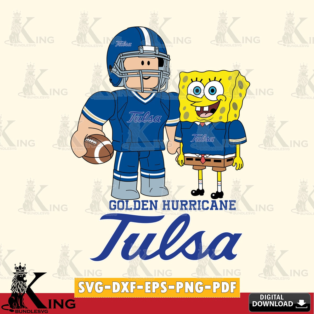 Printable art of Tulsa Golden Hurricane Roblox & Spongebob football, NCAA Cricut vector art for engraving, cutting, and printing.
