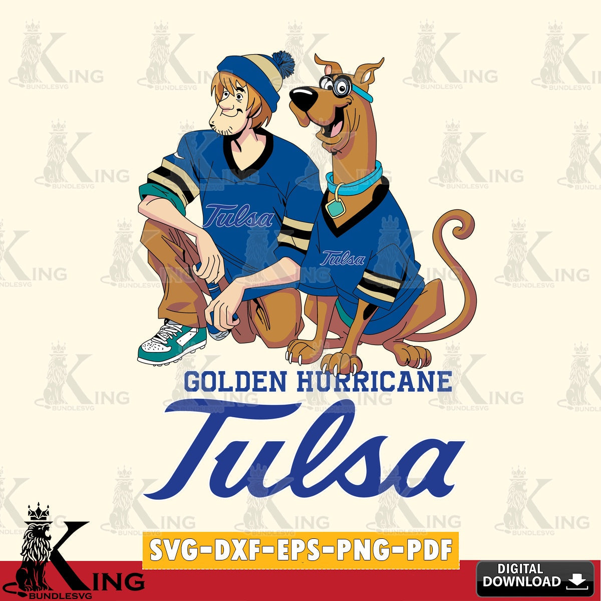 Detailed illustration of Tulsa Golden Hurricane Shaggy and Scooby Doo football, digital clipart compatible with laser engraving