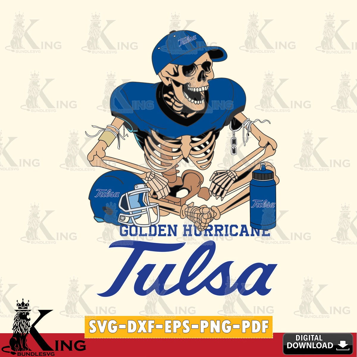 Digital clipart of Tulsa Golden Hurricane skeleton player football for Cricut, NCAA PNG clipart for sublimation printing and