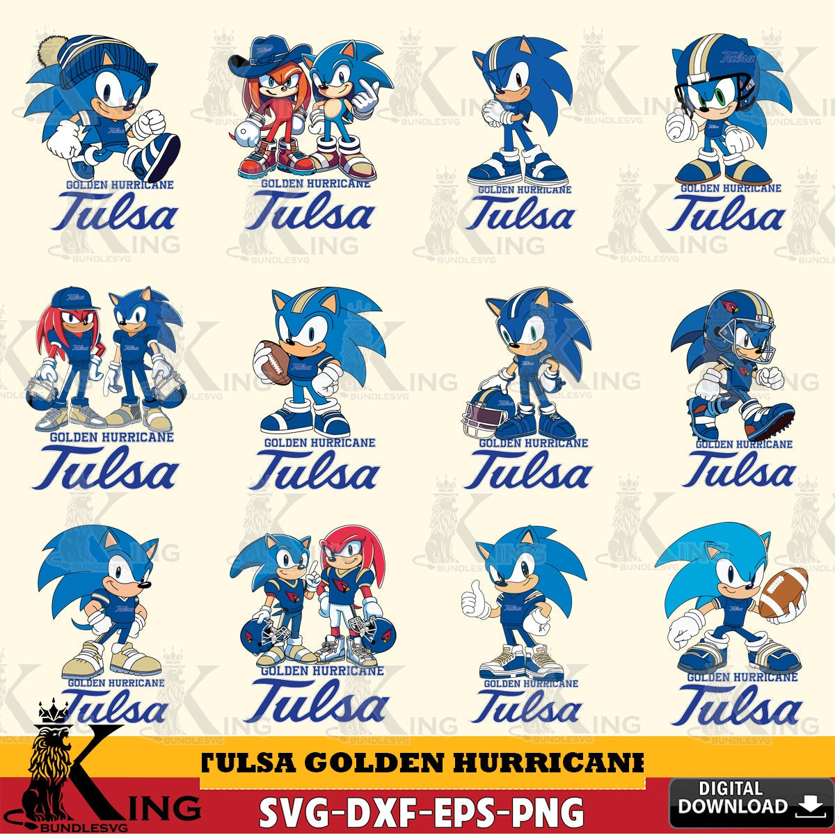 Jumbo collection of Tulsa Golden Hurricane Sonic & Knuckles NCAA Football Bundle, versatile clip art for stickers, decals, and