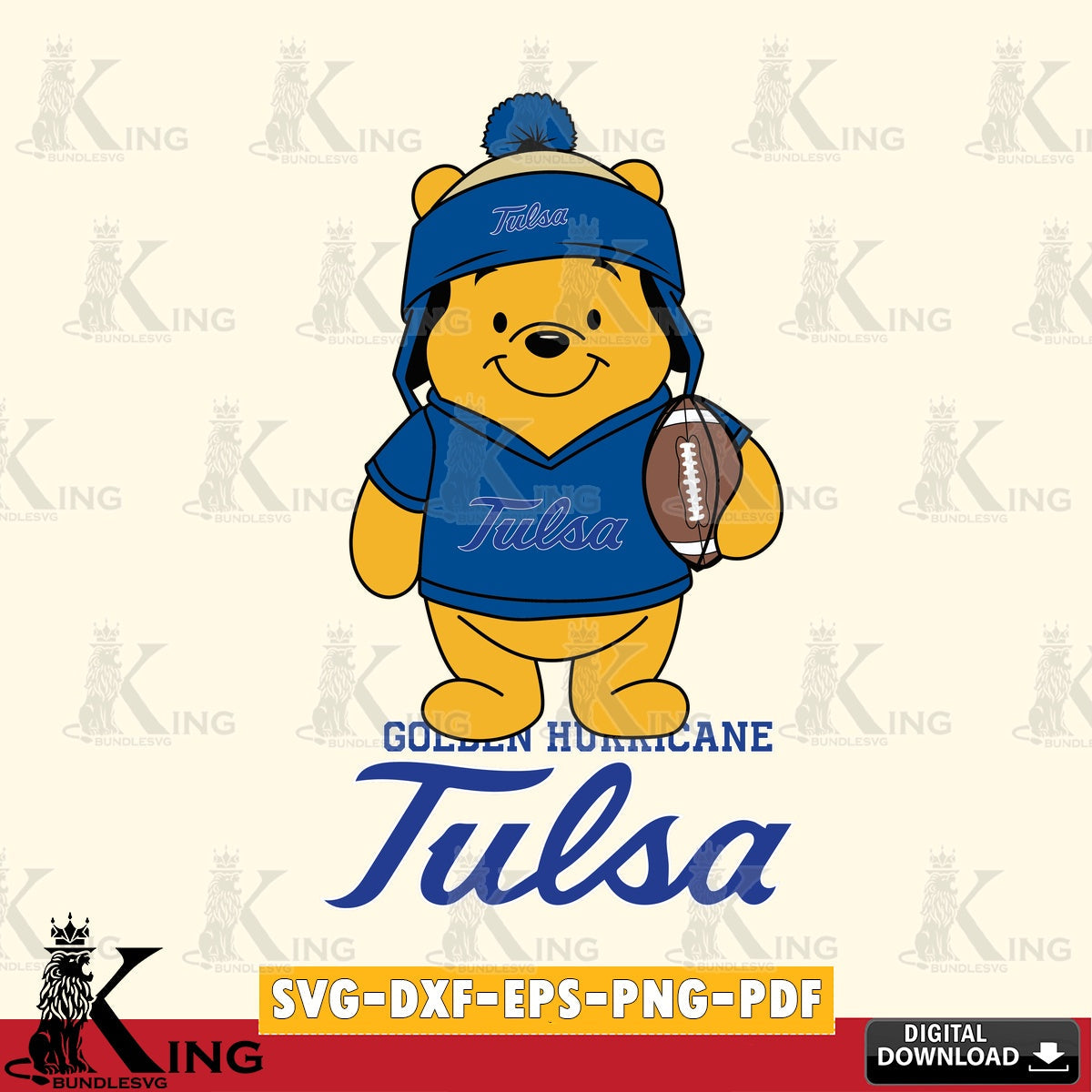 Digital download featuring Tulsa Golden Hurricane Winnie the Pooh football player, NCAA, vector art for engraving, cutting, and