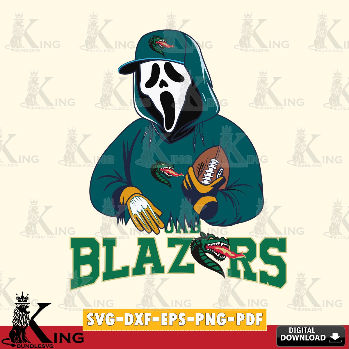 Modern graphic depicting a UAB Blazers Ghostface Scream football player, crafting file for iron-on transfer and vinyl decals.