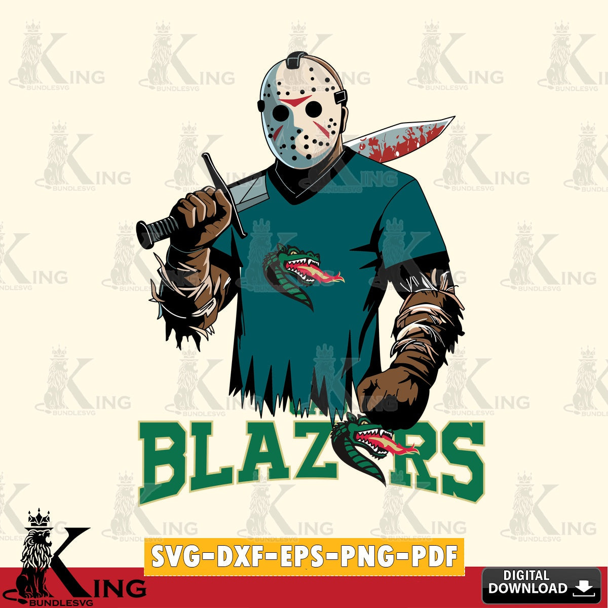 Vector design showing UAB Blazers Jason Voorhees Football, NCAA cut, digital download for Cricut Maker and paper crafts