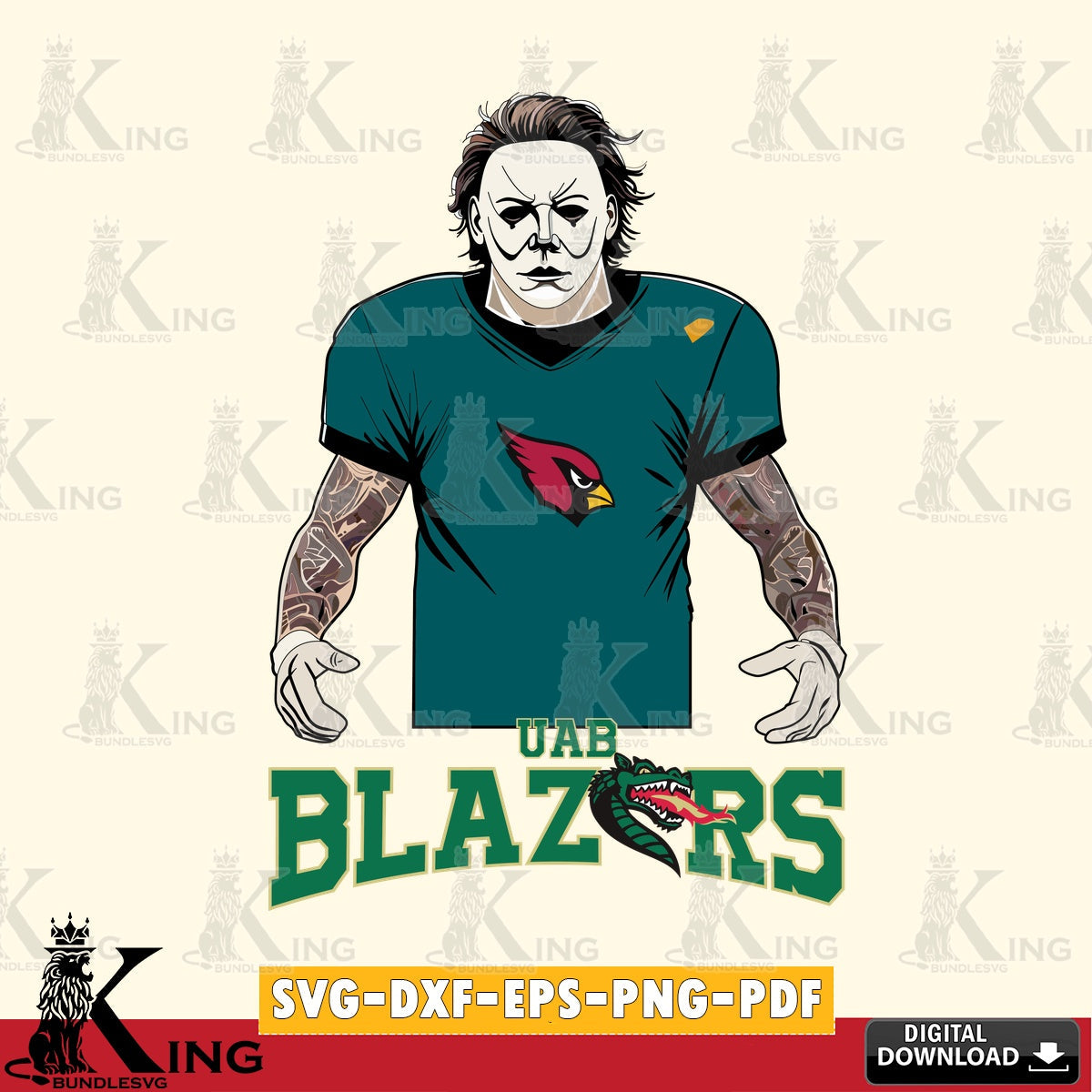 Hand-drawn style art of UAB Blazers Michael Myers tattoo football, NCAA, SVG PNG files perfect for Cricut and Silhouette cutting.