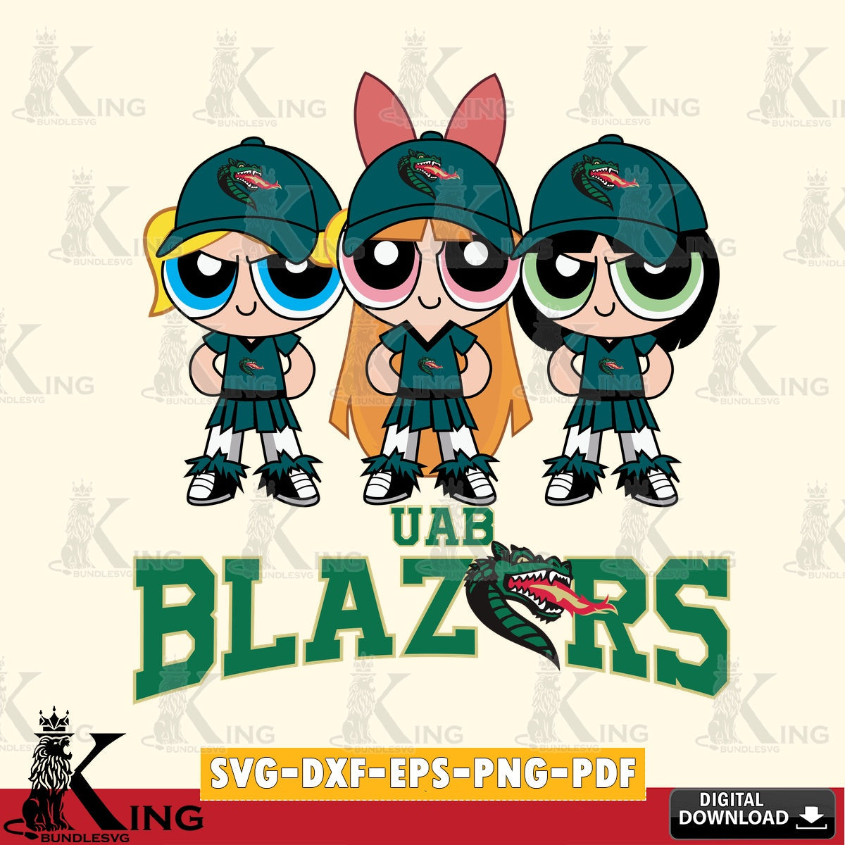 Modern graphic depicting UAB Blazers PowerPuff Girls football, a versatile clip art for stickers, decals, and mugs.