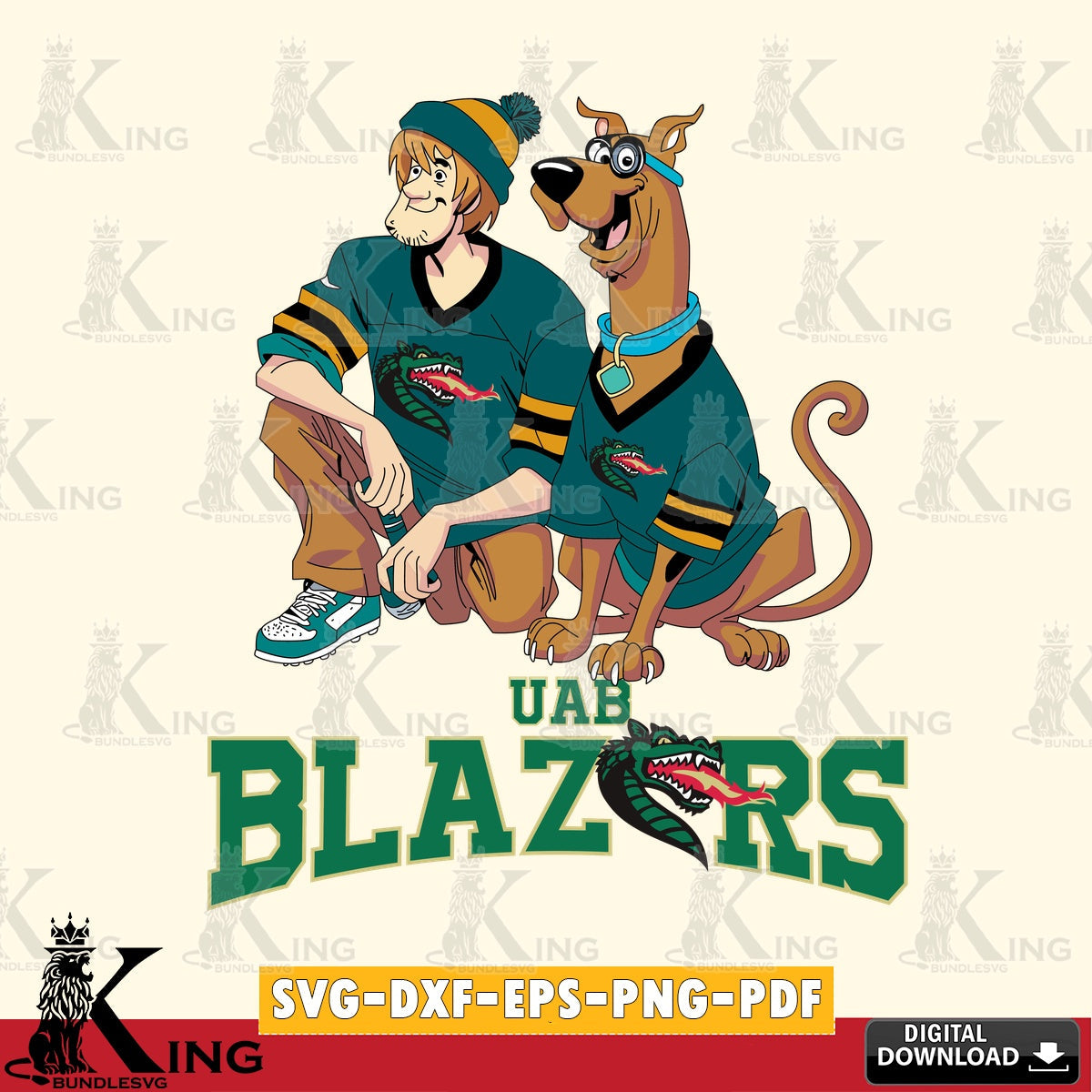 Vector design showing UAB Blazers Shaggy and Scooby Doo football, a digital download for Cricut Maker and paper crafts.
