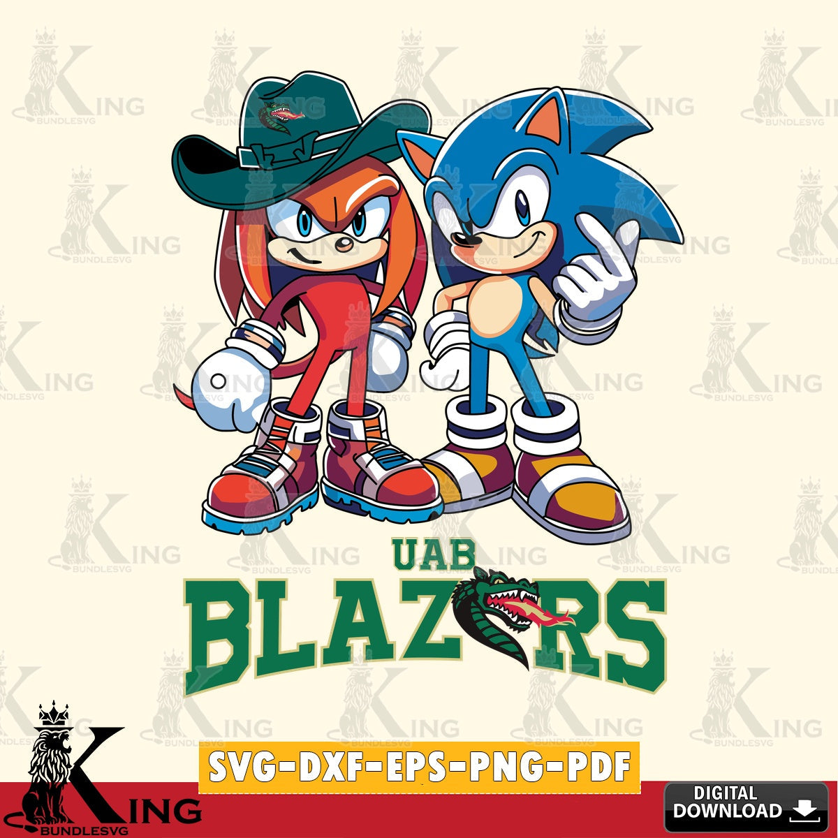 Hand-drawn style art of UAB Blazers Sonic & Knuckles Football Mascot PNG clipart for sublimation printing and graphic design