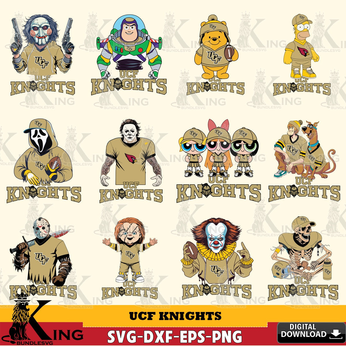 Premium pack containing UCF Knights Cartoon Football NCAA Bundle SVG PNG files perfect for Cricut and Silhouette cutting