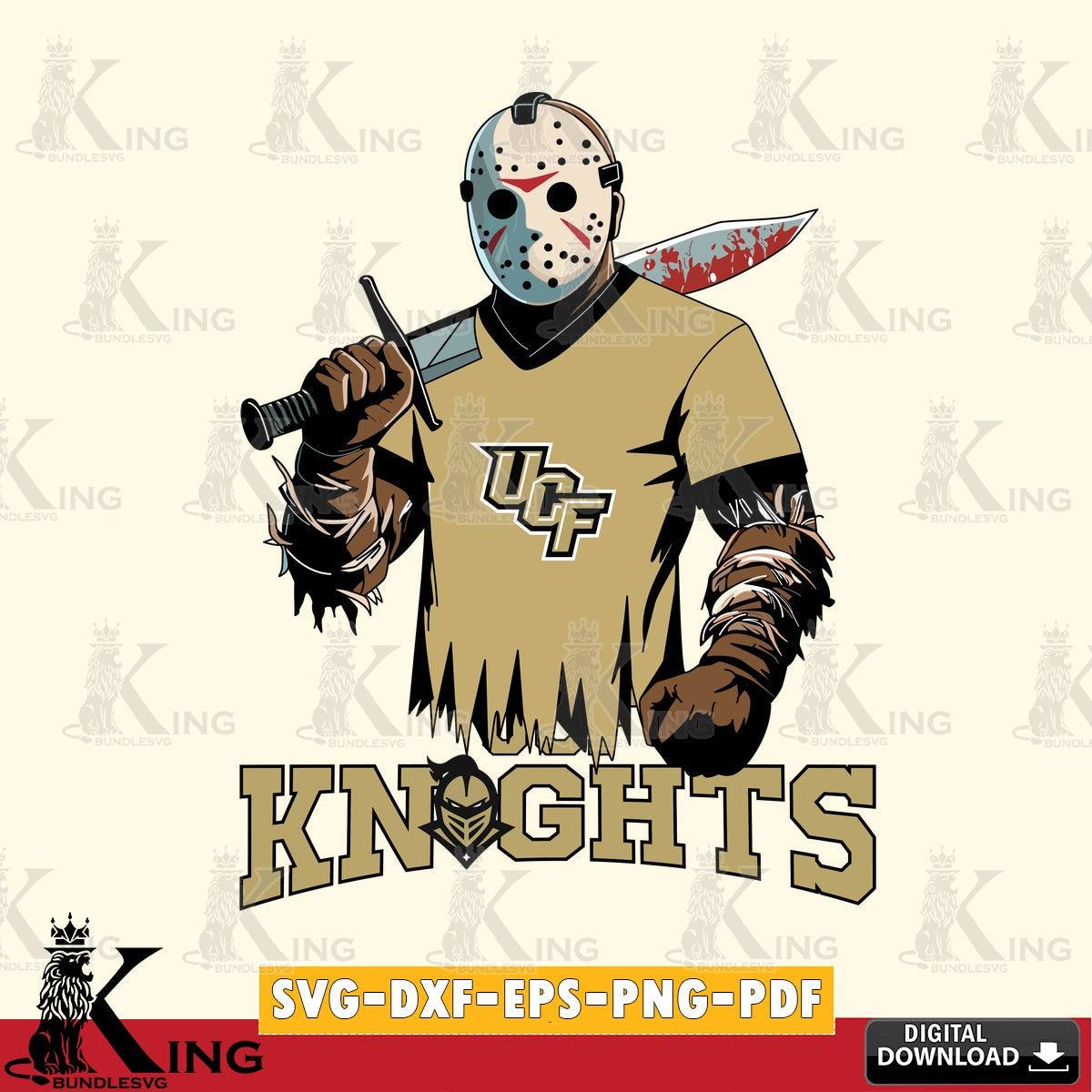 Printable art of UCF Knights Jason Voorhees football, NCAA vector illustration for POD merchandise and apparel