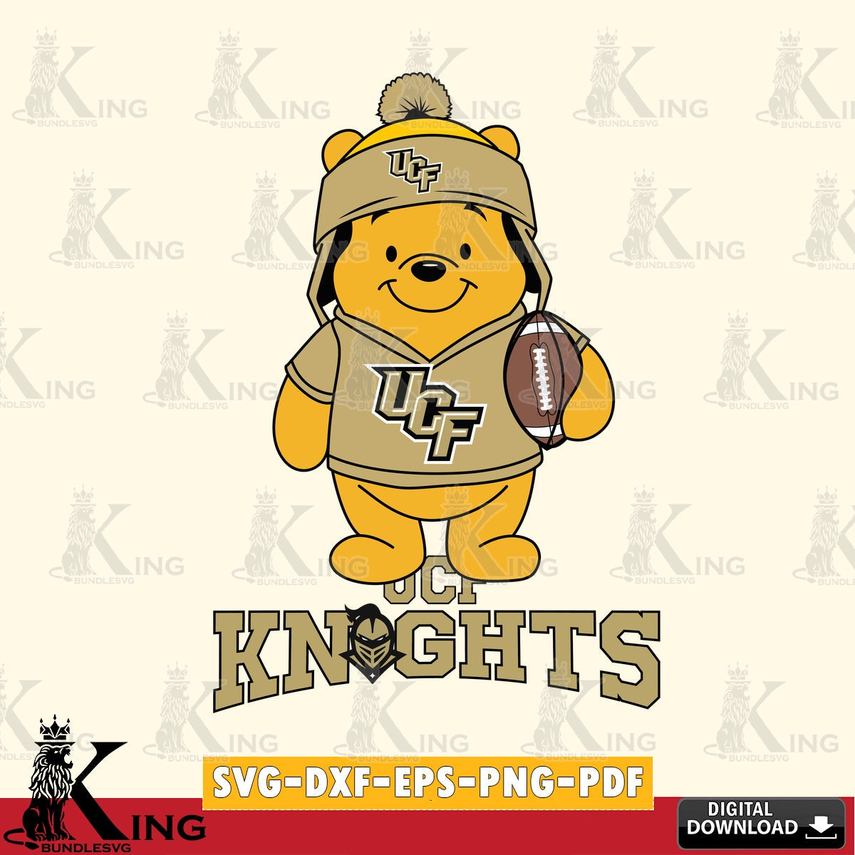 Beautiful illustration of UCF Knights Winnie the Pooh player football, a digital clipart compatible with laser engraving and