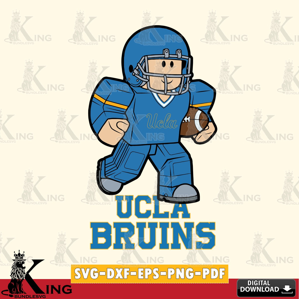 High-quality graphic of a UCLA Bruins Roblox player in a rugby pose, vector art for engraving, cutting, and printing.