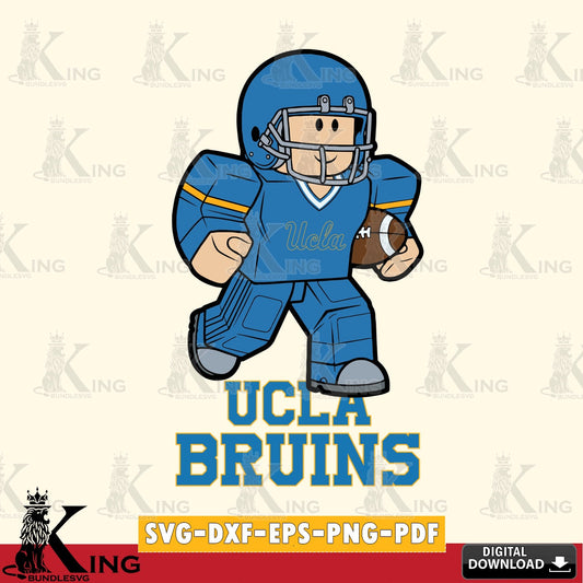 High-quality graphic of a UCLA Bruins Roblox player in a rugby pose, vector art for engraving, cutting, and printing.