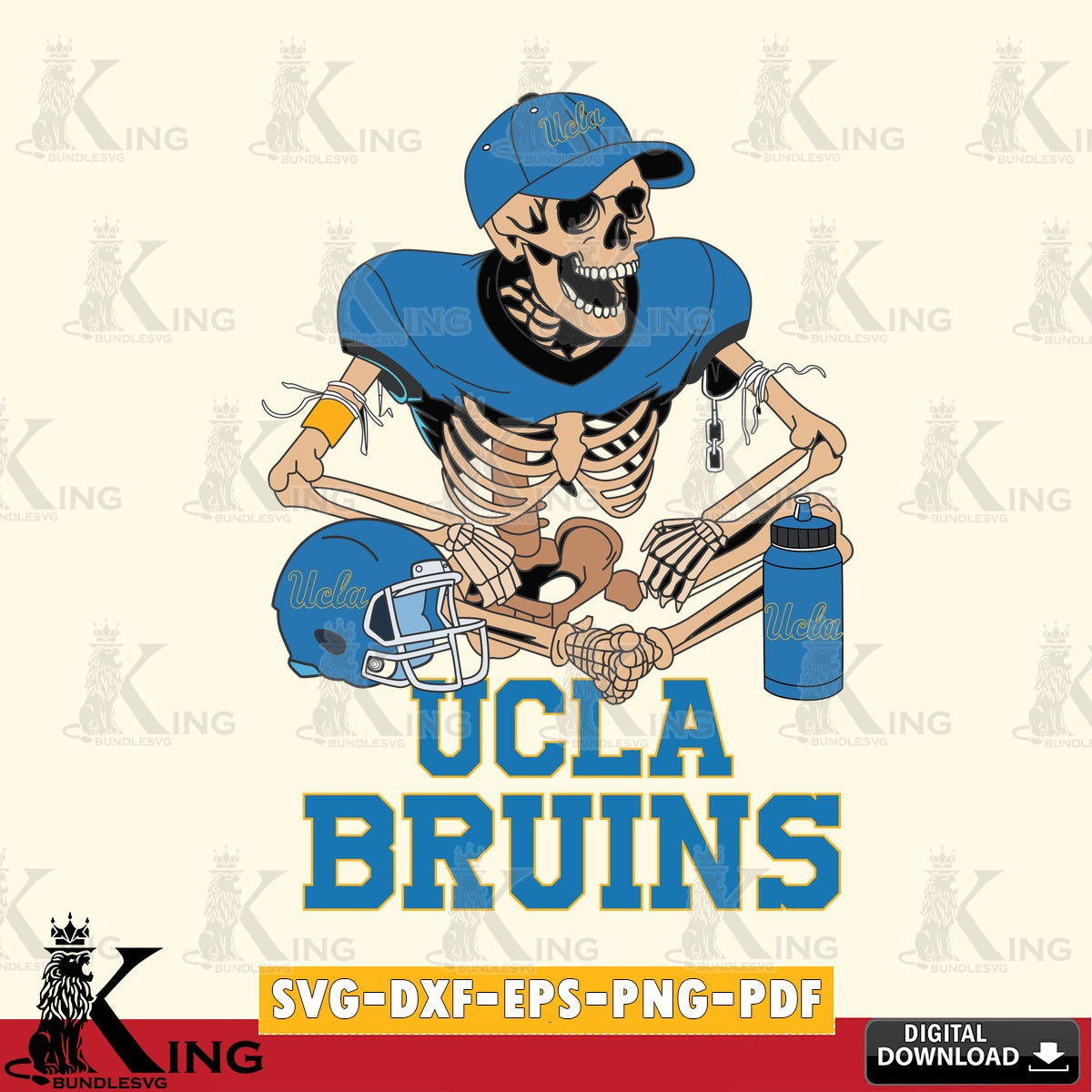 Eye-catching graphic of a UCLA Bruins skeleton player playing football, a digital file for silhouette cameo and cricut projects.