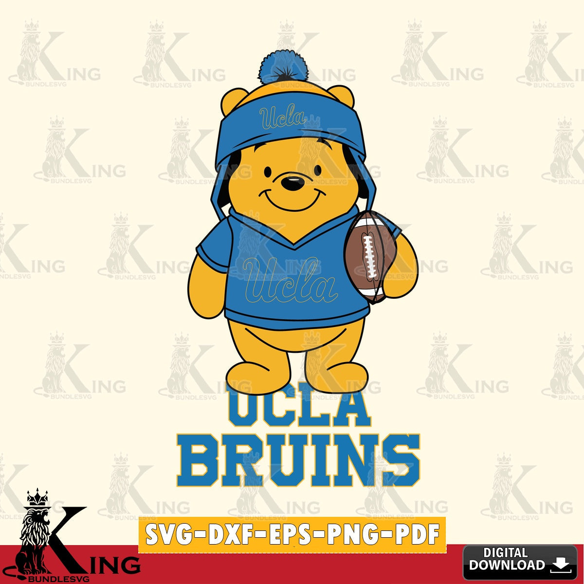 Detailed illustration of UCLA Bruins Winnie the Pooh football player, a vector illustration for POD merchandise and apparel