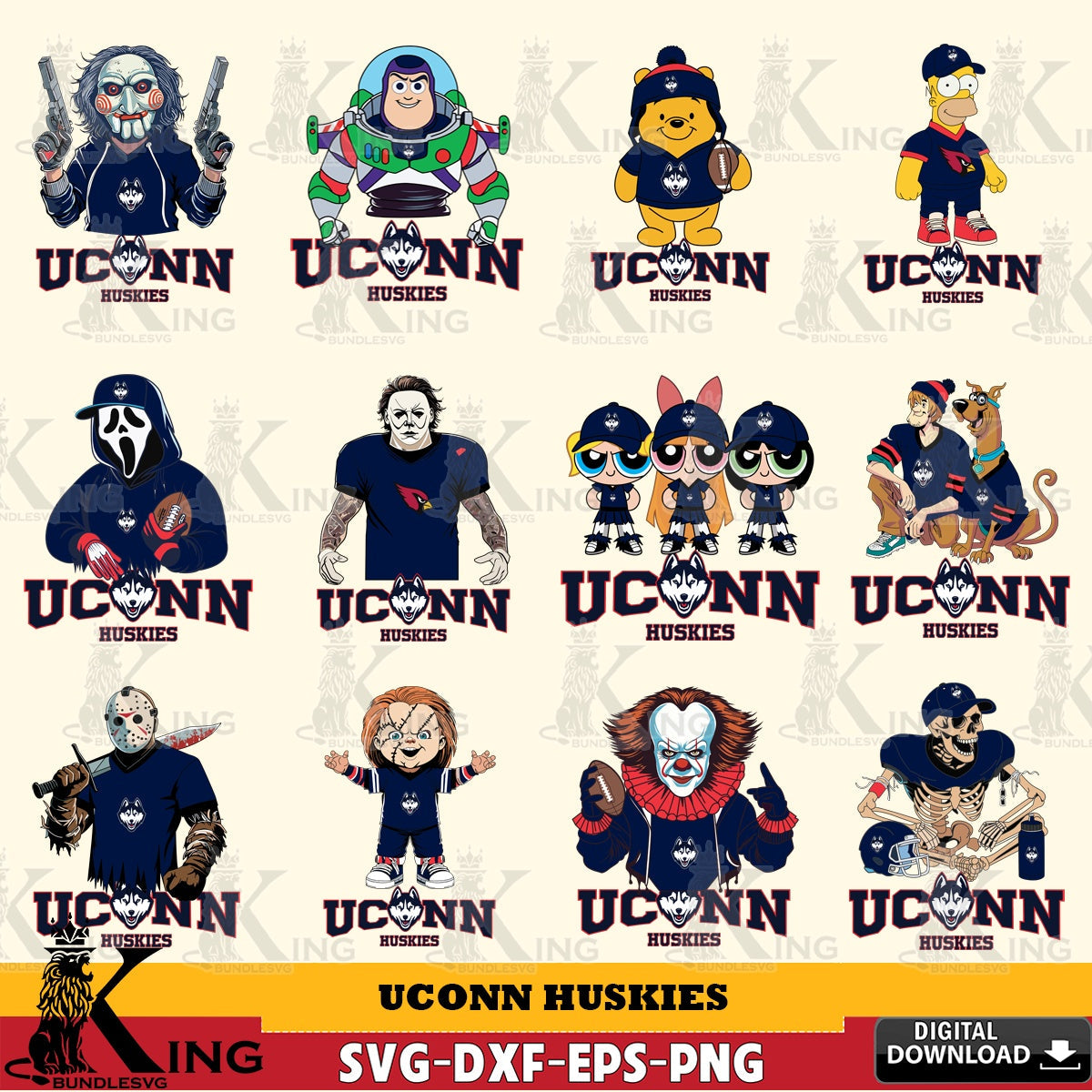 Variety pack of UConn Huskies Cartoon Football NCAA Bundle digital file for silhouette cameo and cricut projects