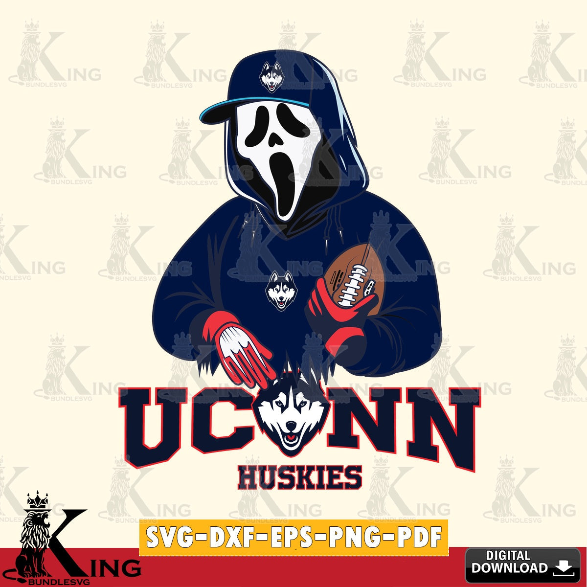 Hand-drawn style art of UConn Huskies Ghostface Scream football player for Cricut, NCAA, PNG clipart for sublimation printing and