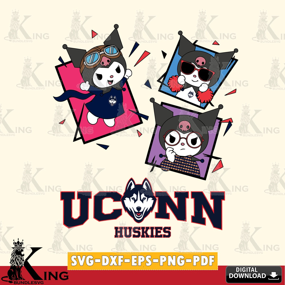 UConn Huskies Kuromi Action Football SVG file, Cricut, Cut file  , Digital Download , Instant Download, Sanrio svg, Clipart