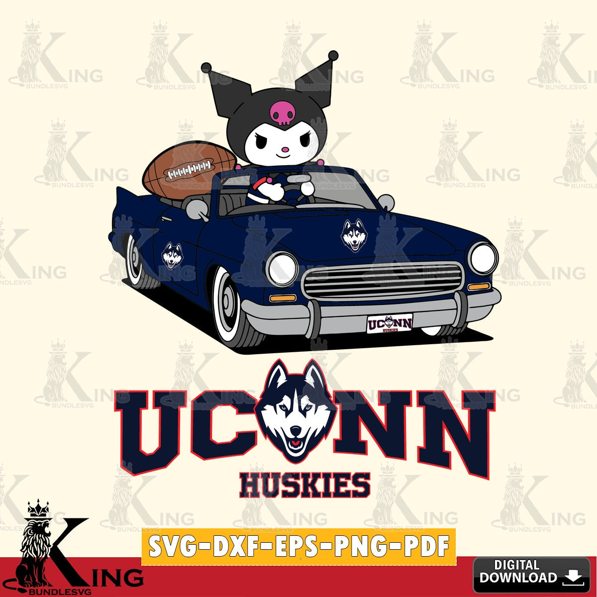 UConn Huskies Kuromi Car Football Game SVG file, Cricut, Cut file  , Digital Download , Instant Download, Sanrio svg, Clipart