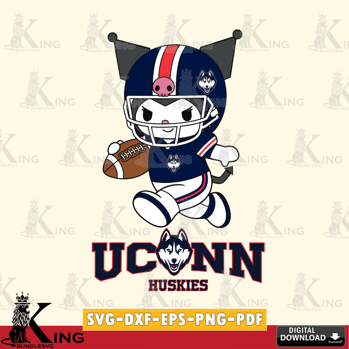 UConn Huskies Kuromi Football Run SVG file, Cricut, Cut file  , Digital Download , Instant Download, Sanrio svg, Clipart