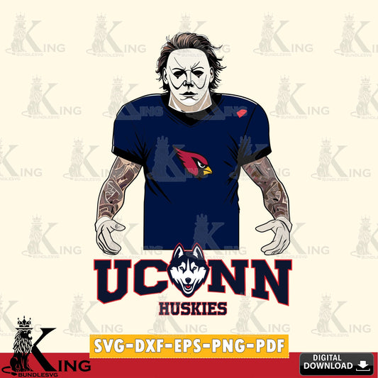 Modern graphic depicting UConn Huskies Michael Myers tattoo football, a digital download for Cricut Maker and paper crafts