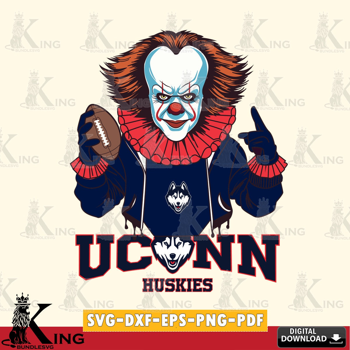 Artistic drawing of UConn Huskies Pennywise player football, SVG cut file for personalized gifts and laser projects
