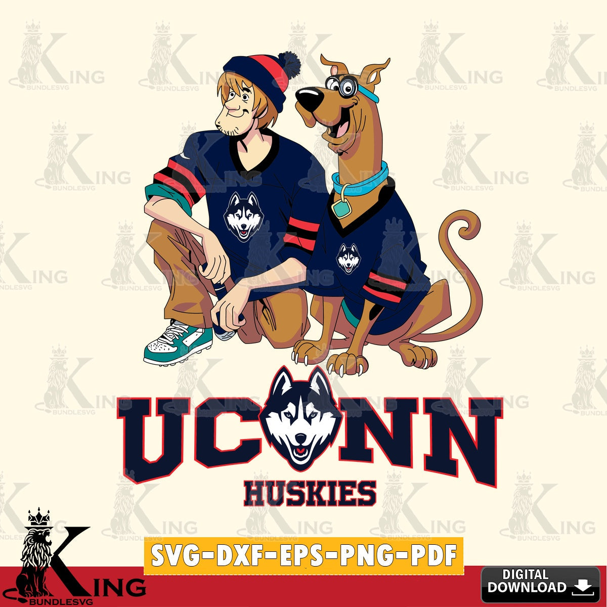 Unique artwork depicting UConn Huskies Shaggy and Scooby Doo football, a digital download for Cricut Maker and paper crafts
